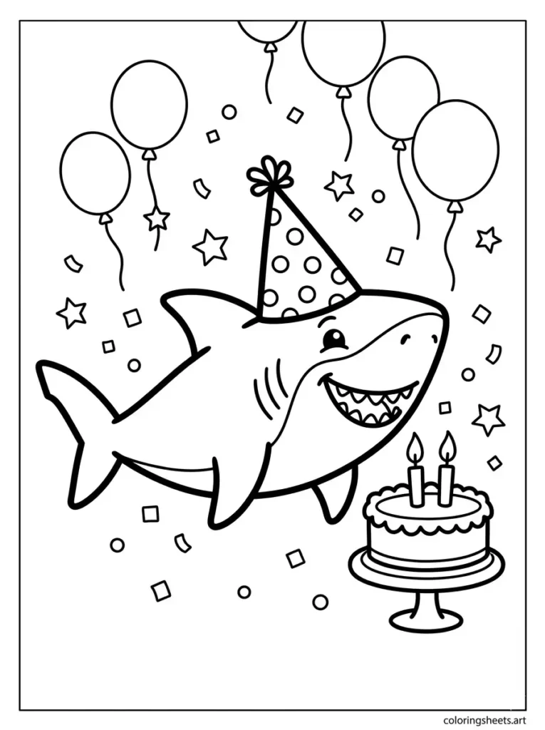 Shark wearing birthday hat with cake coloring page for kids printable