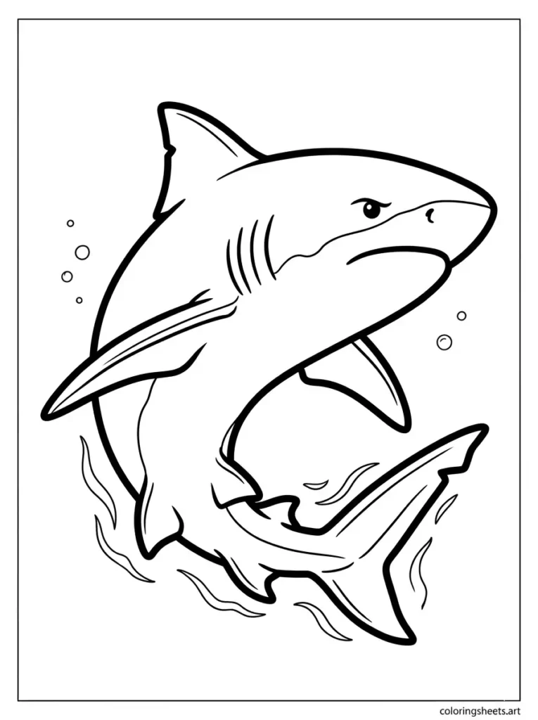Bull shark powerful swimming pose coloring page for kids