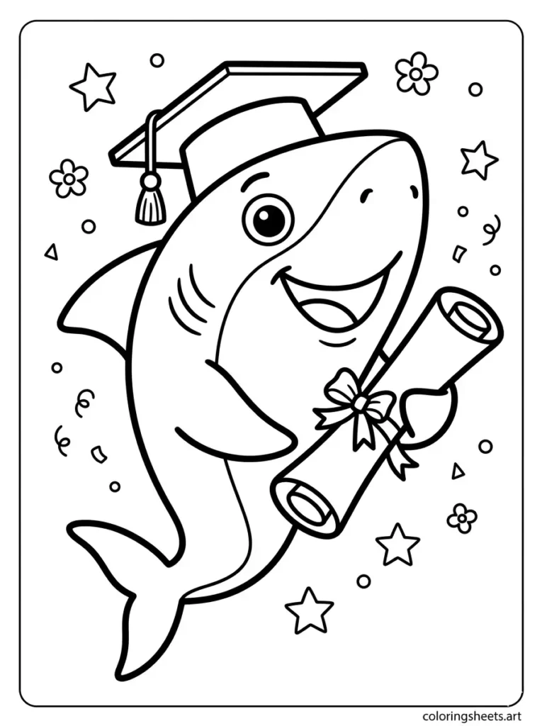 Shark wearing graduation cap with diploma coloring page for kids free