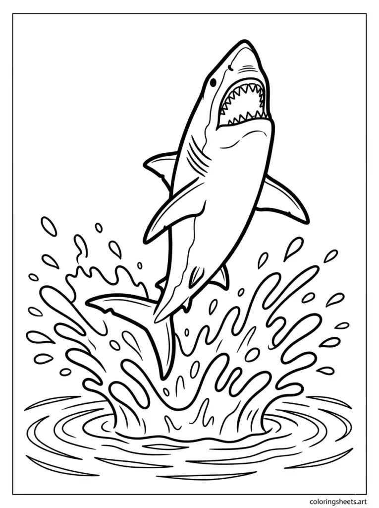 Great white shark leaping out of water coloring page for kids