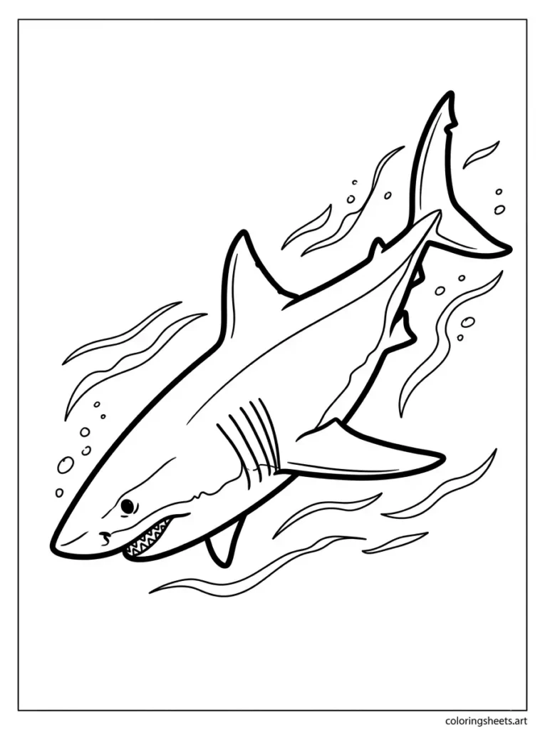 Realistic great white shark swimming upwards coloring page for kids