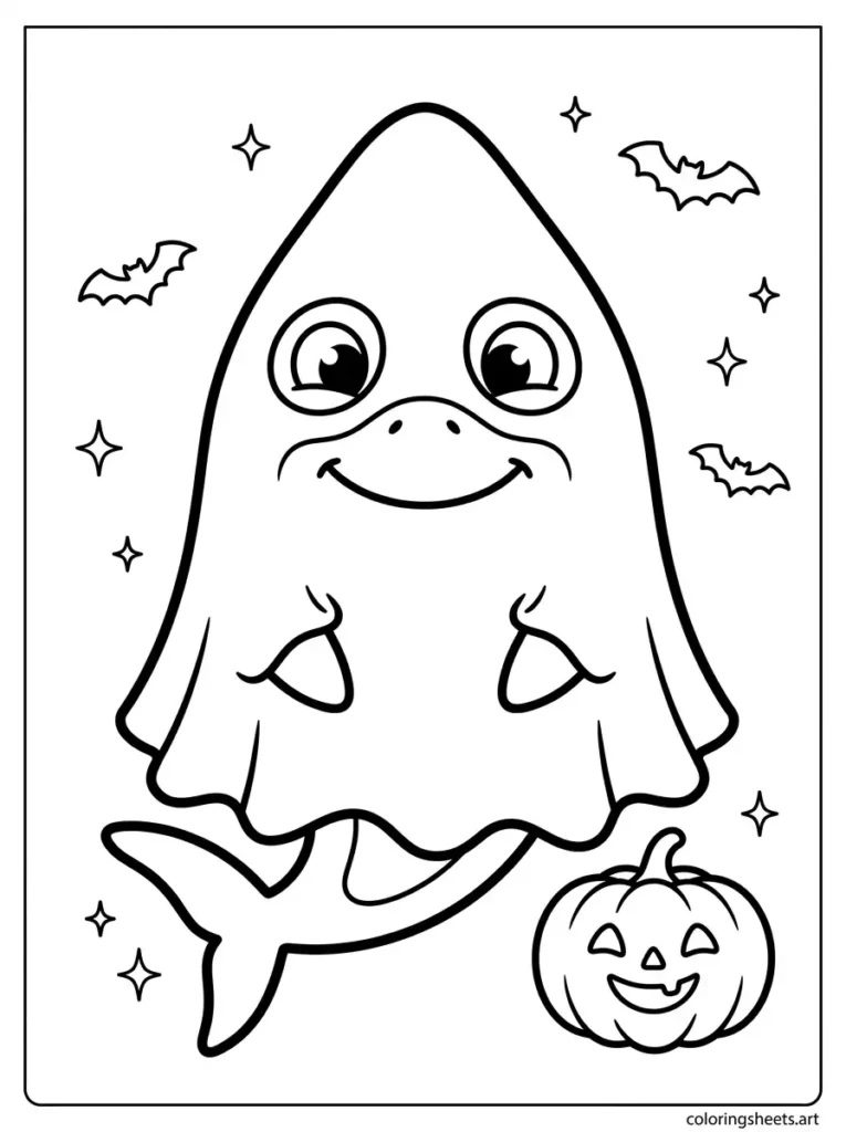 Shark dressed as Halloween ghost costume coloring page for kids free