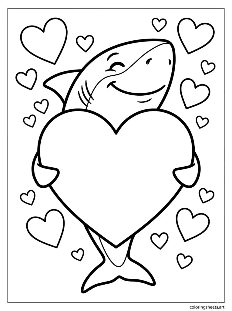 Shark holding up a big love heart coloring page printable pdf