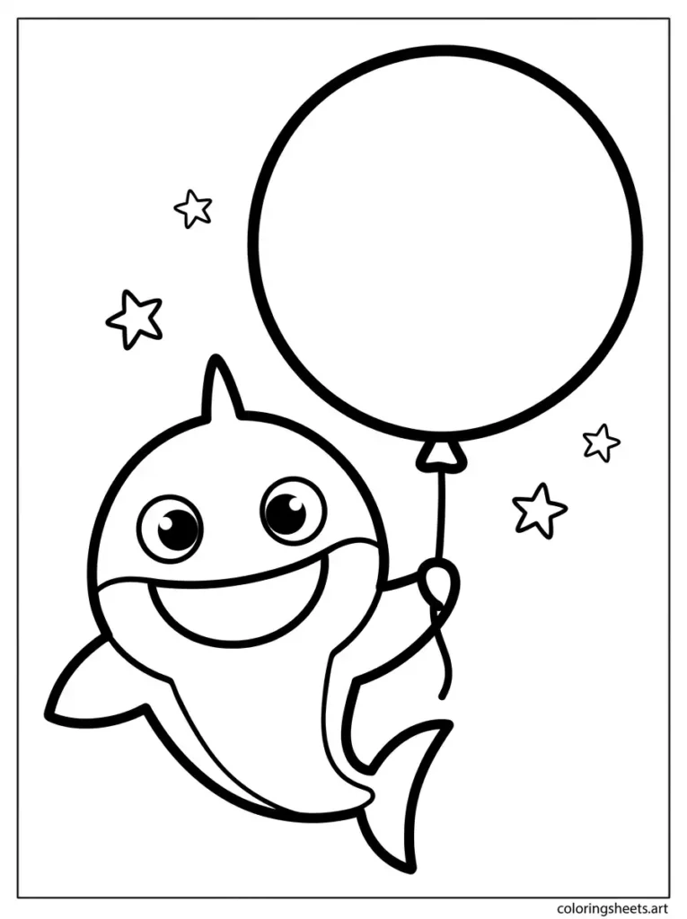 Shark holding a giant balloon coloring page for toddlers