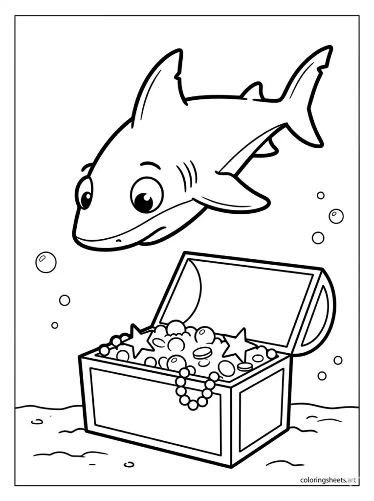 Shark investigating an open treasure chest coloring page printable pdf