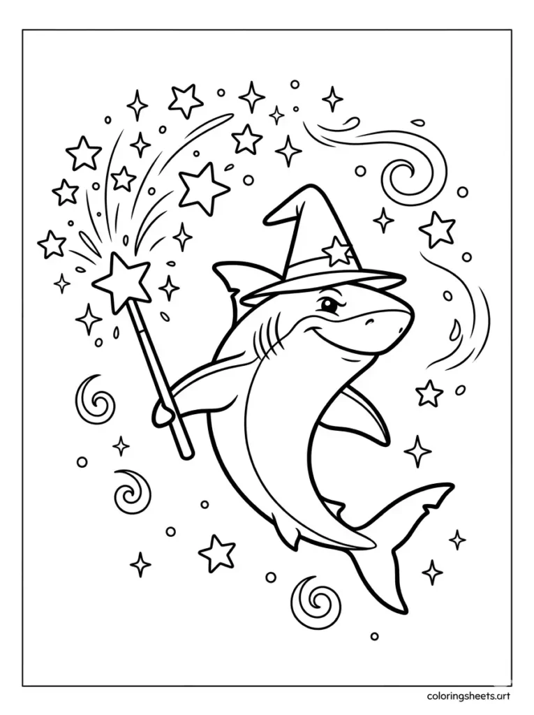 Shark mage casting magic with a wand coloring page for kids