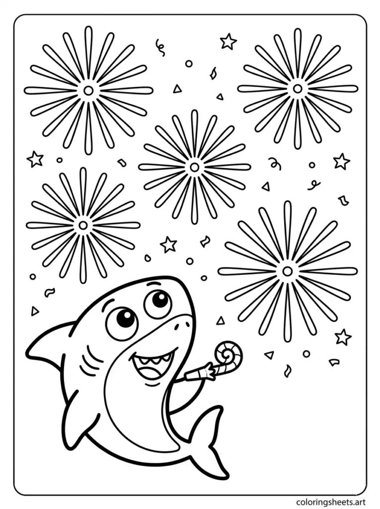 Shark celebrating New Year with fireworks coloring page printable