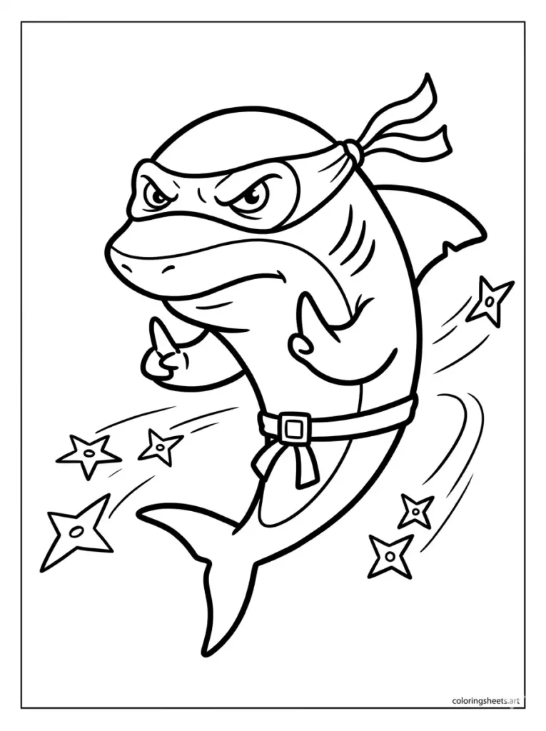 Shark ninja wearing ninja mask coloring page for kids free