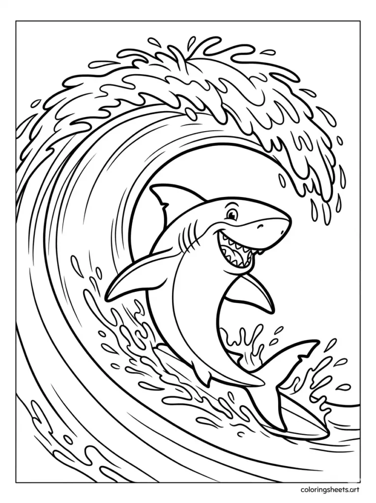 Shark riding a giant ocean wave coloring page for kids