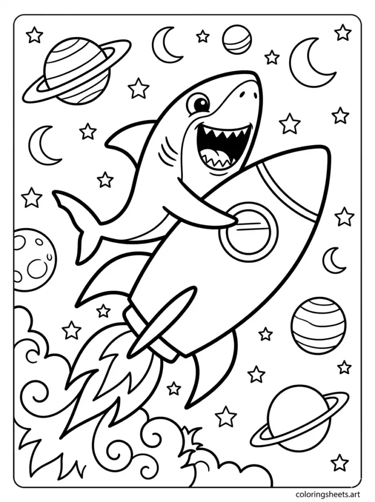 Shark riding a rocket through space coloring page printable pdf