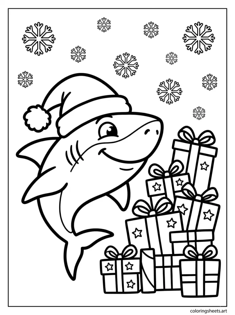Shark wearing Santa hat with presents coloring page free printable