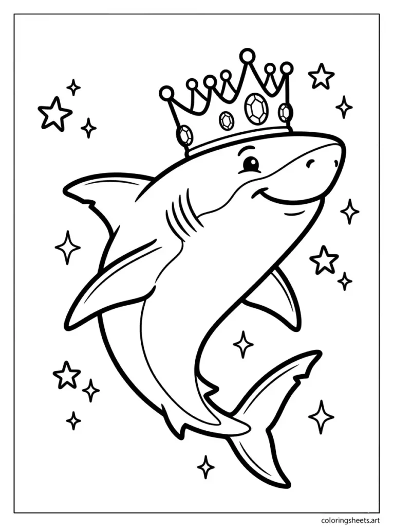 Shark king wearing a golden crown coloring page free printable
