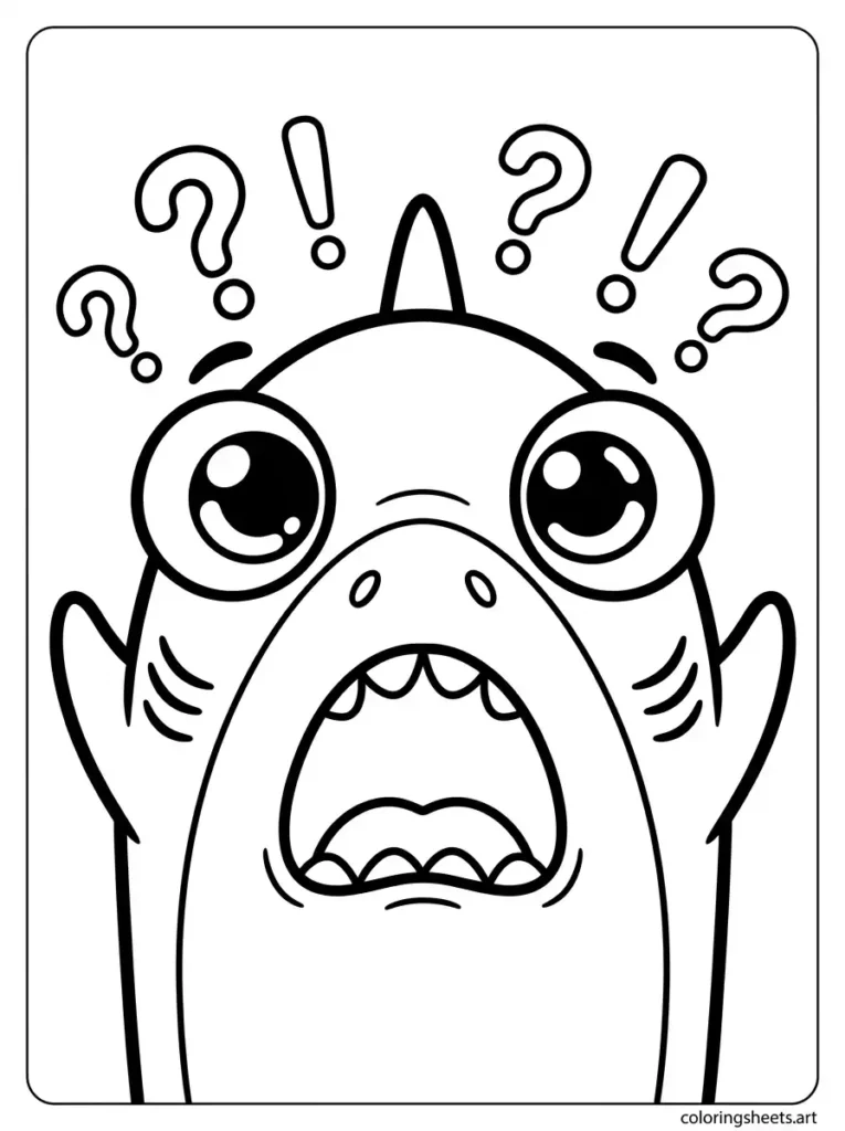 Shark making a silly surprise kawaii face coloring page for kids