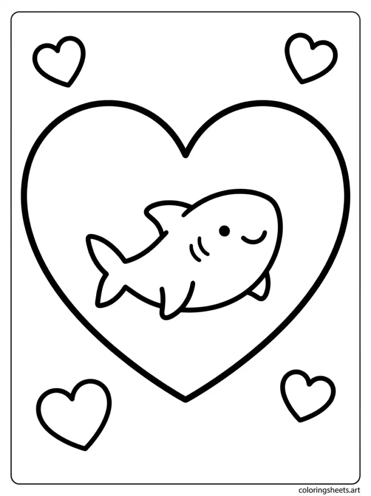 Shark sitting inside a big heart shape coloring page for toddlers printable