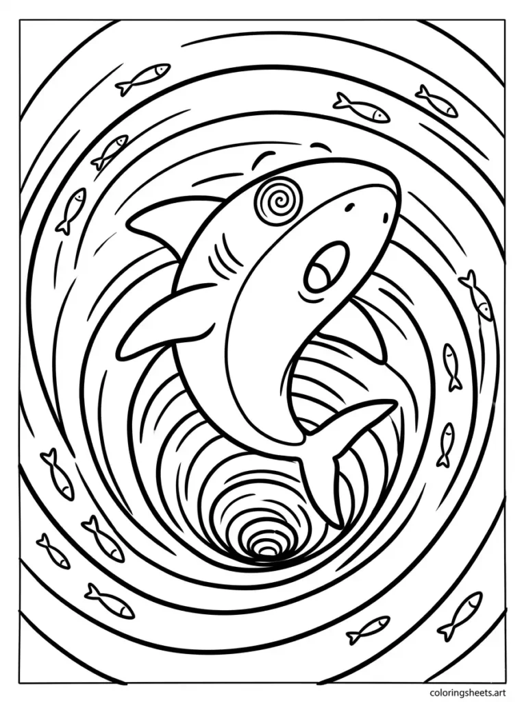 Shark spinning in a whirlpool ocean vortex coloring page