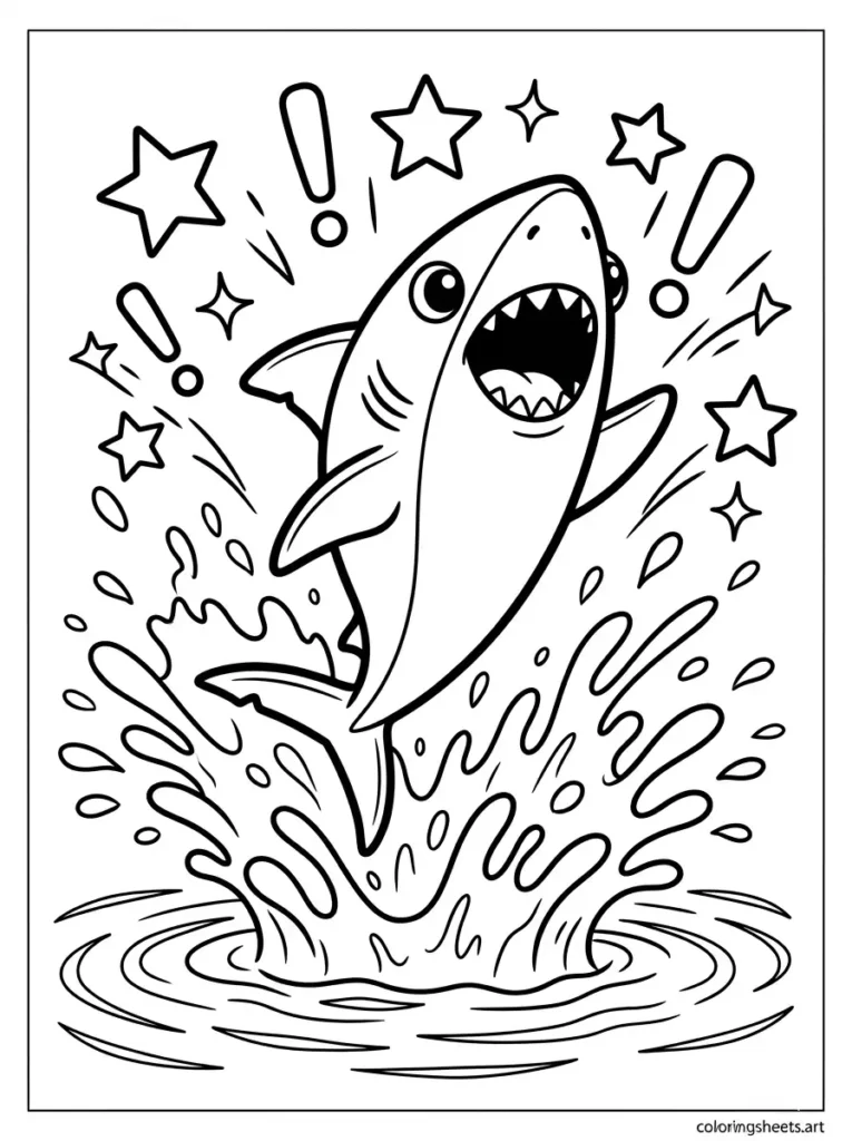 Shark super excited jumping with joy coloring page for kids