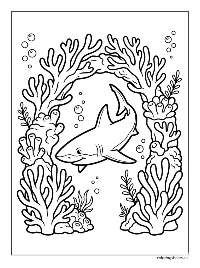 Shark swimming through coral reef arch coloring page for toddlers