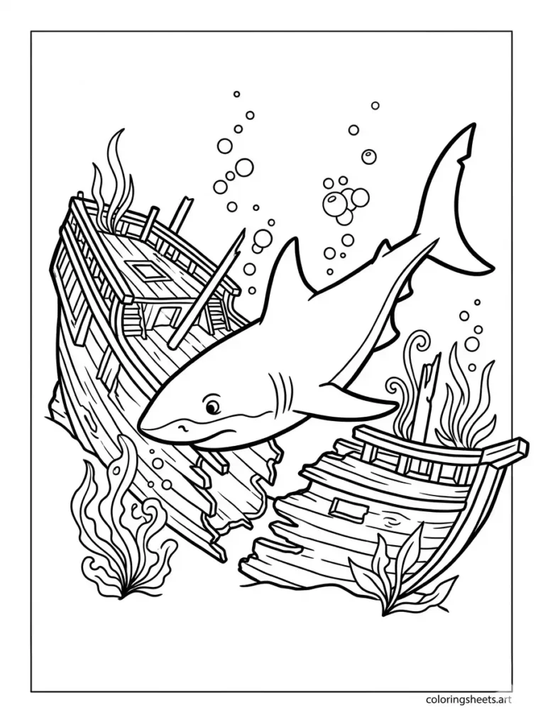 Shark swimming through a sunken ship coloring page free printable