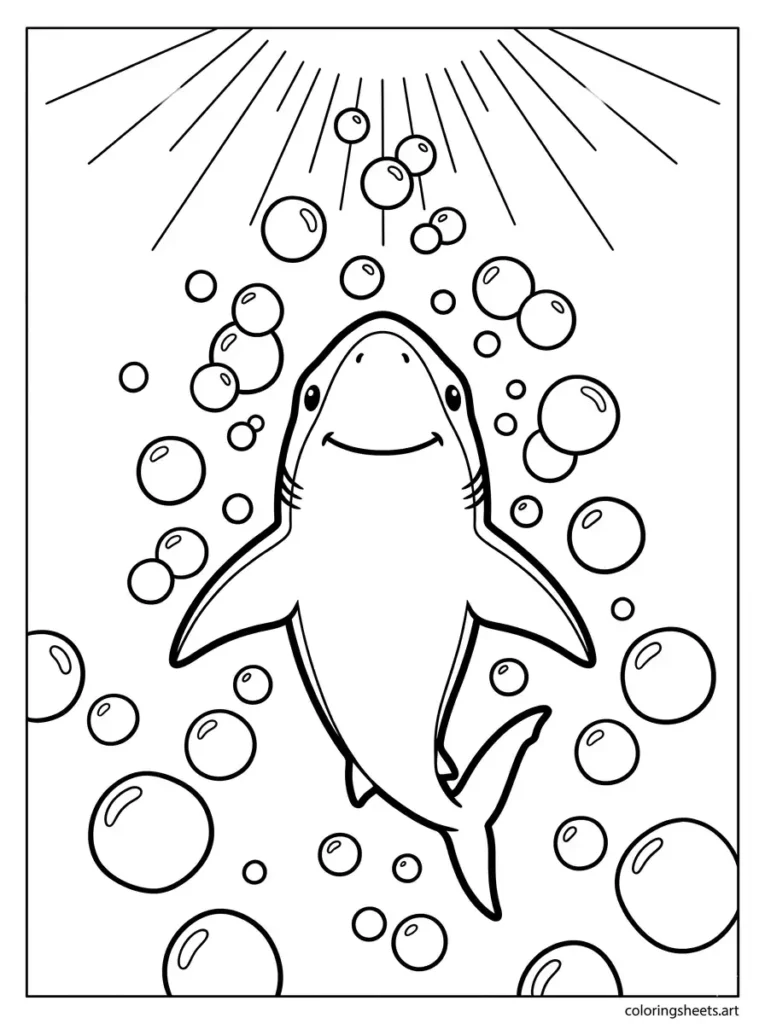 Shark swimming upward through rising bubbles coloring page free printable