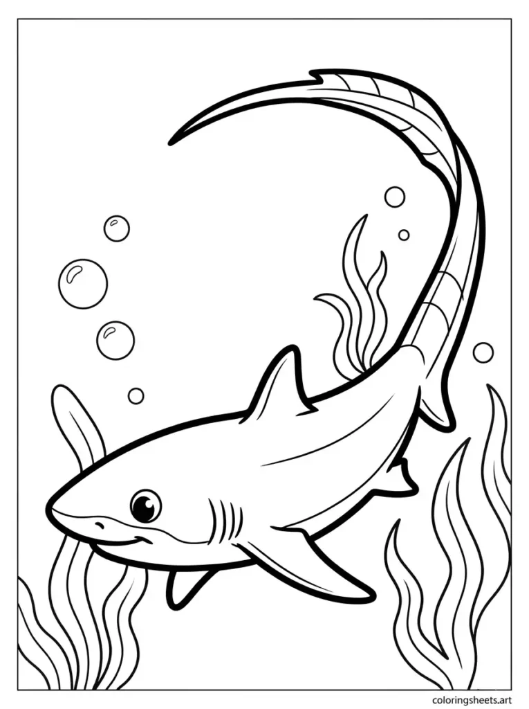 Thresher shark showing long tail fin coloring page free printable pdf