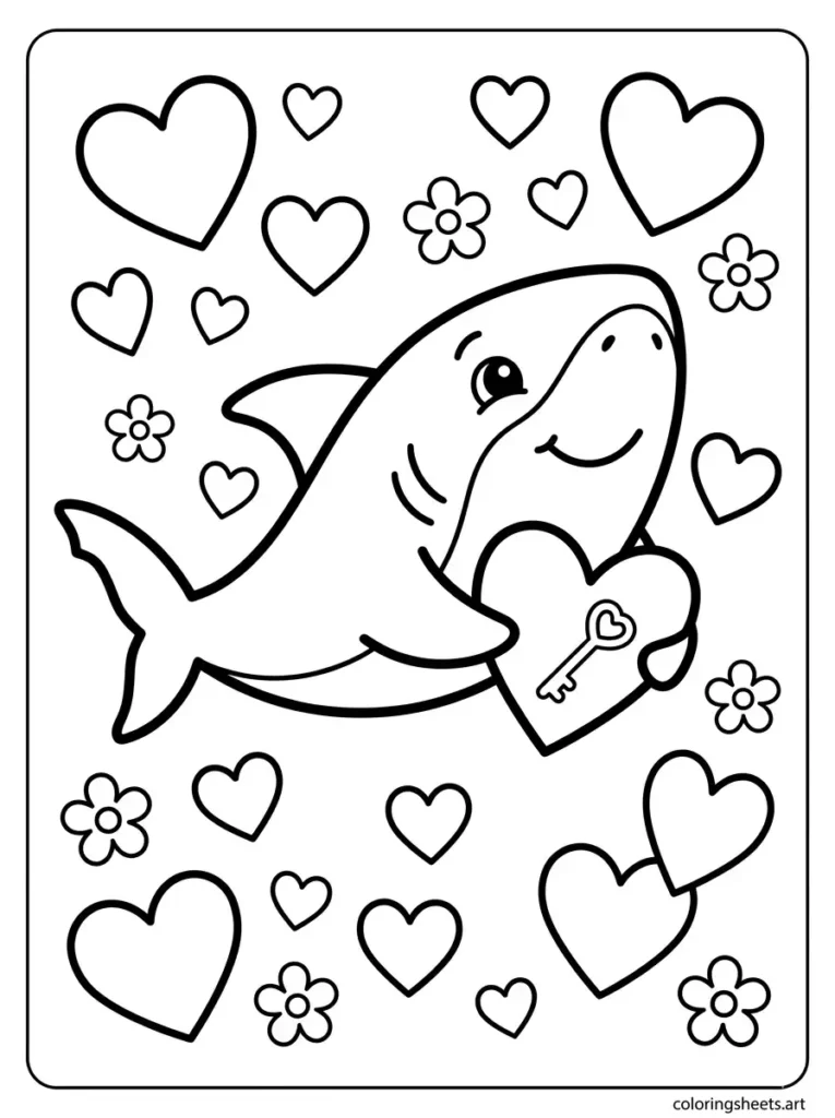 Shark sending valentine hearts coloring page for kids printable pdf