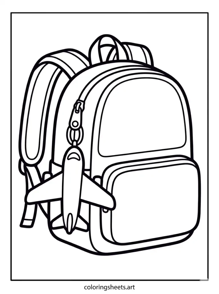 Simple backpack coloring pages for toddlers showing a small vacation daypack with an airplane keychain charm coloring page