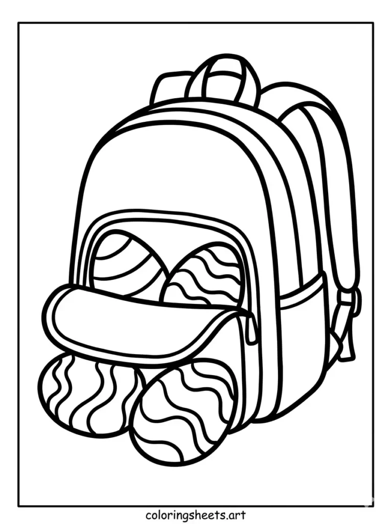 Simple backpack coloring pages for toddlers showing a spring daypack with large decorated easter eggs coloring page