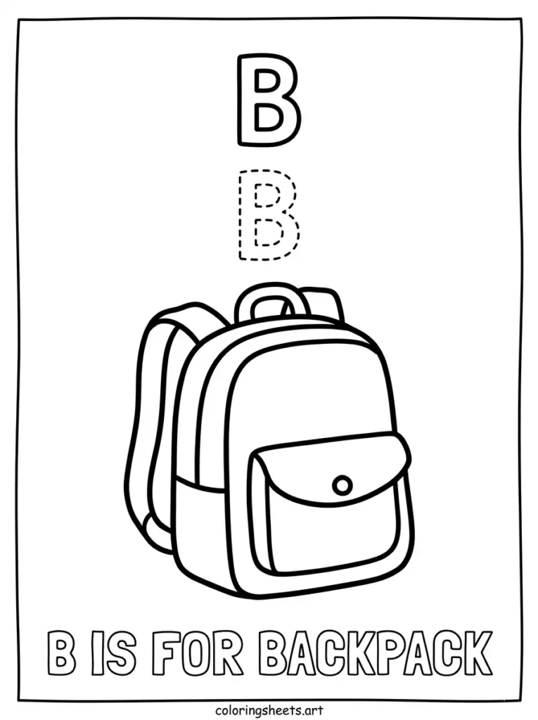 Simple backpack coloring pages for toddlers with capital letter B and tracing guides coloring page