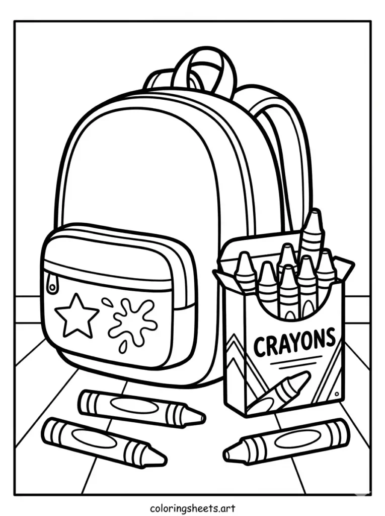 Simple backpack coloring pages for toddlers with a preschool daypack and a box of large crayons coloring page