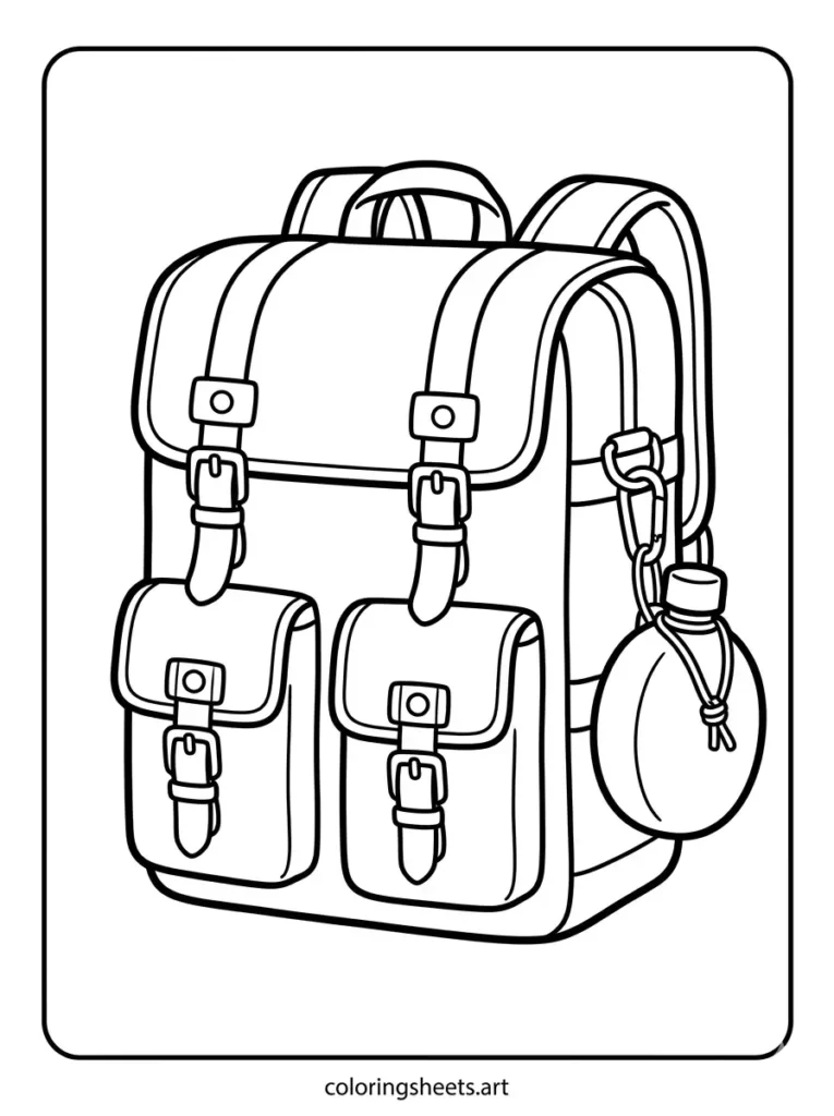 Simple backpack coloring pages for kids featuring a traditional scout bag and attached canteen coloring page