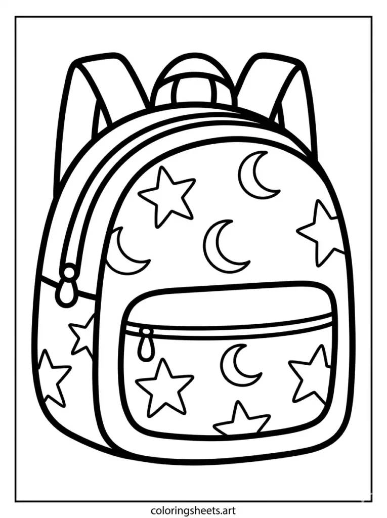 Simple backpack coloring pages for toddlers adorned with large star and crescent moon shapes coloring page