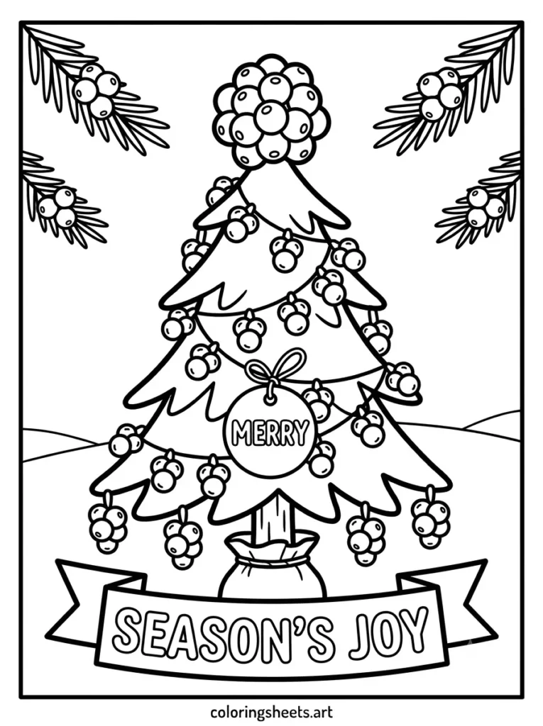 Simple christmas tree coloring page for toddlers featuring berry cluster ornaments with a SEASON'S JOY bubble word banner