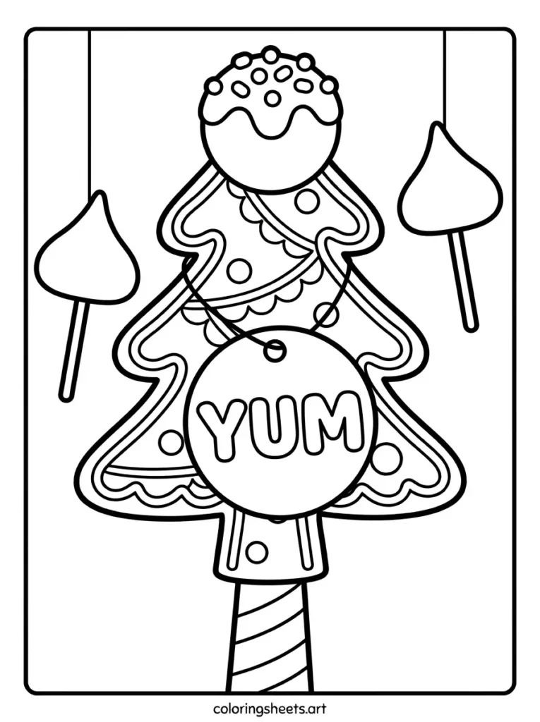 Simple christmas tree coloring page for toddlers featuring chocolate drop ornaments and a YUM bubble word tag