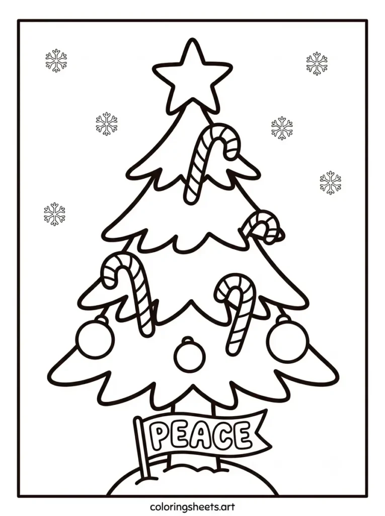 Simple christmas tree coloring page for toddlers featuring candy cane hook ornaments and a PEACE bubble word flag