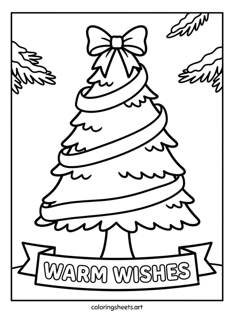 Simple christmas tree coloring page for toddlers featuring a ribbon spiral tree with a WARM WISHES bubble word banner
