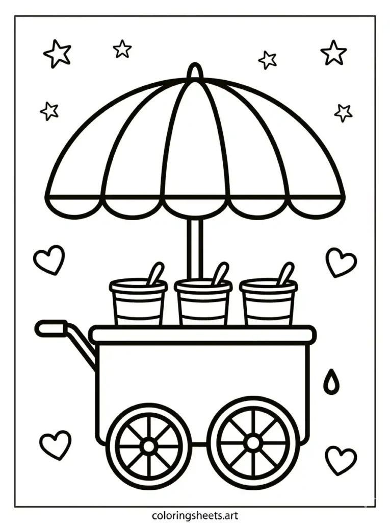 Simple cute ice cream cart with umbrella coloring sheet for kids