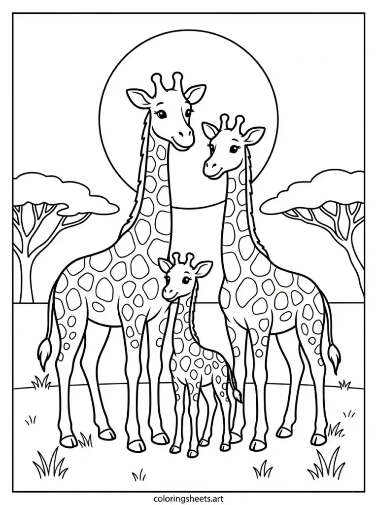Two giraffes drinking water at a riverbank giraffe coloring page free printable