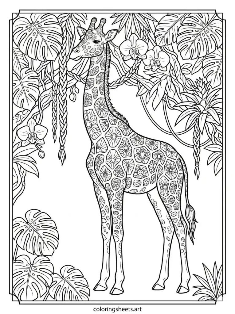 Giraffe in jungle canopy rainforest leaves simple giraffe coloring page