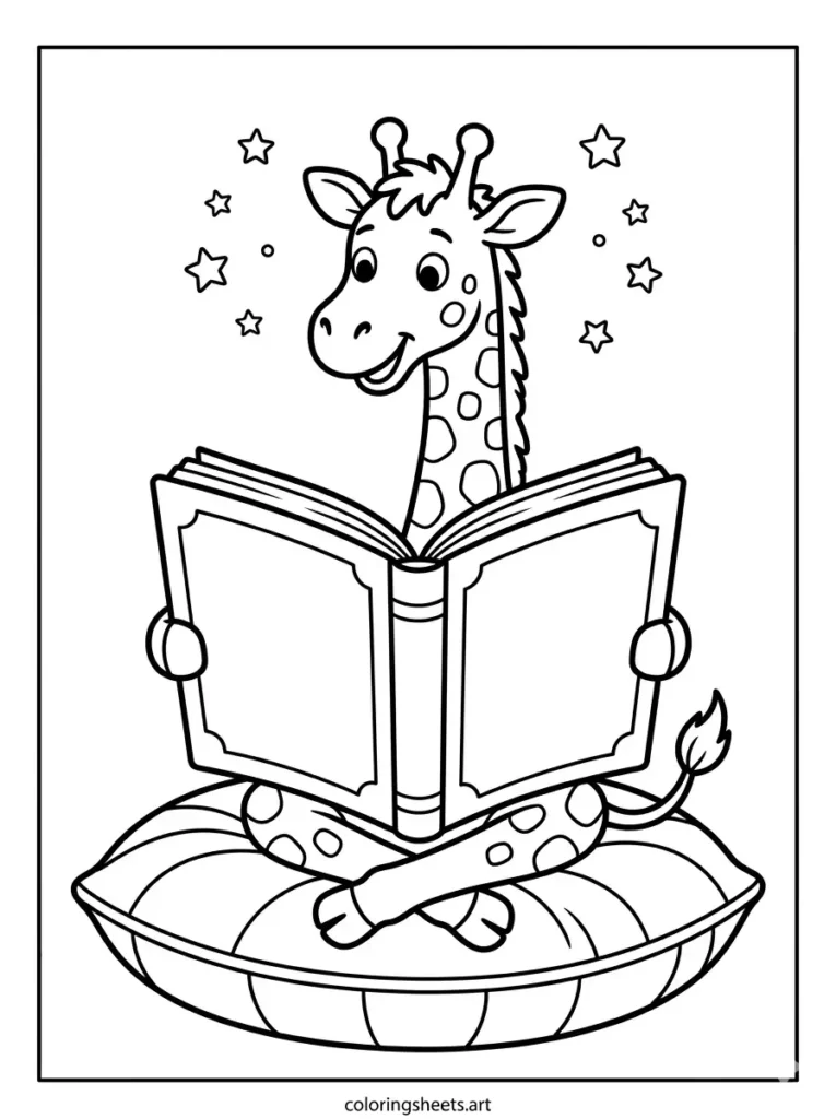 Simple giraffe coloring page printable pdf of a cute giraffe reading a book