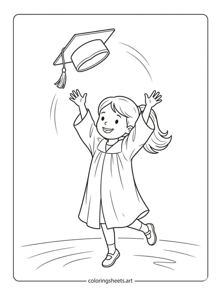 Simple graduation coloring sheets of little girl throwing cap printable pdf