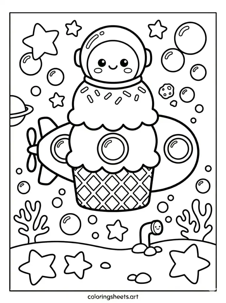 Simple ice cream printable pdf rocket ship scene for toddlers