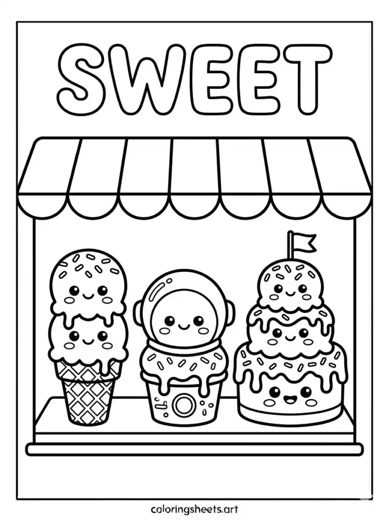 Simple kawaii ice cream shop window with text coloring sheets for toddlers
