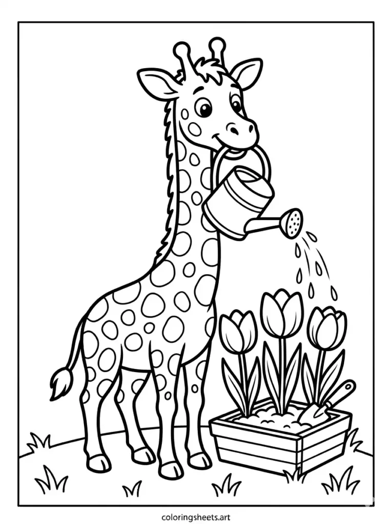 Giraffe gardening with flower pots simple printable pdf coloring sheet