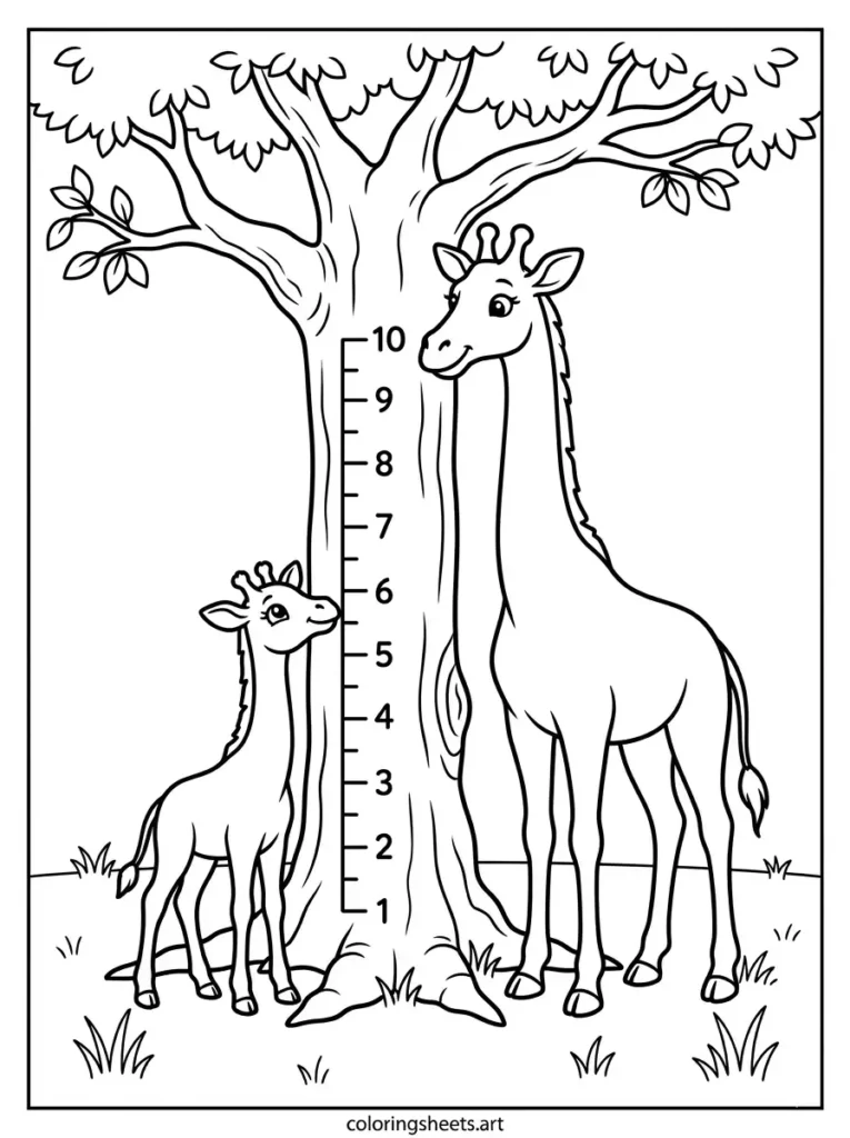 A proud giraffe parent checking how tall their growing baby has become against a tree chart. Get this premium simple printable pdf giraffe file for fun tracking activities.