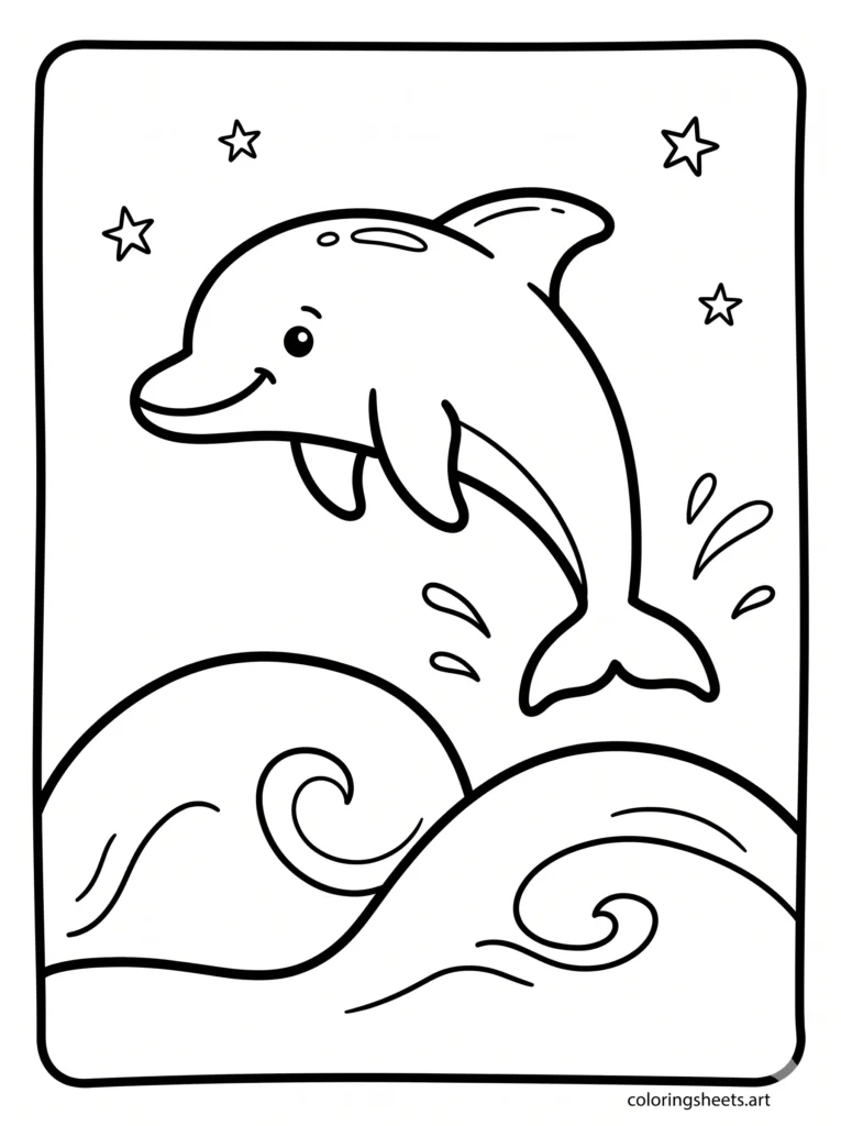 Free printable ocean coloring page for kids featuring a smiling dolphin leaping over ocean waves
