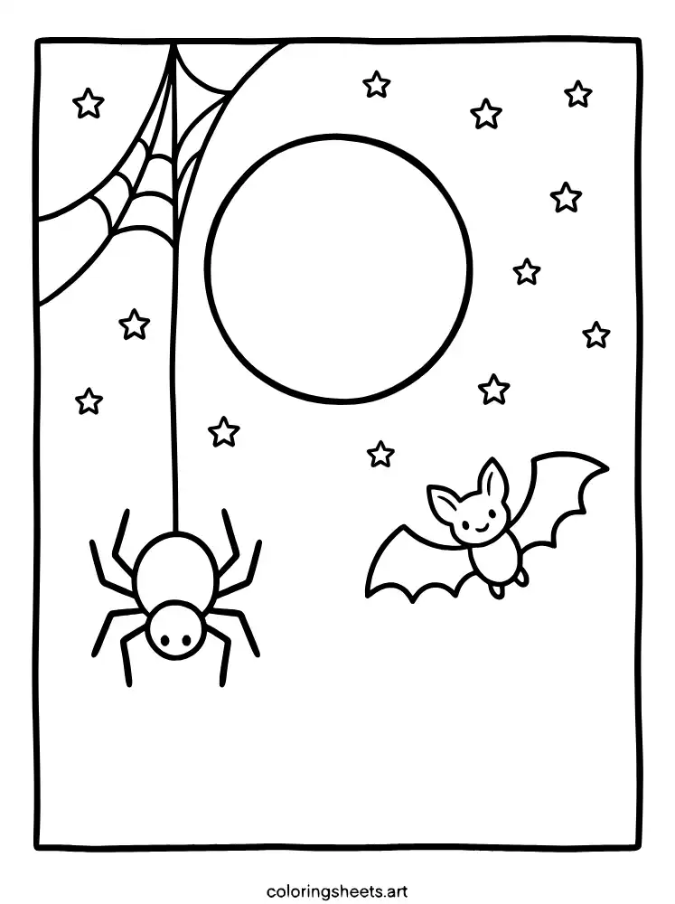 Spider and bat under a full moon halloween spider coloring page for children free printable pdf