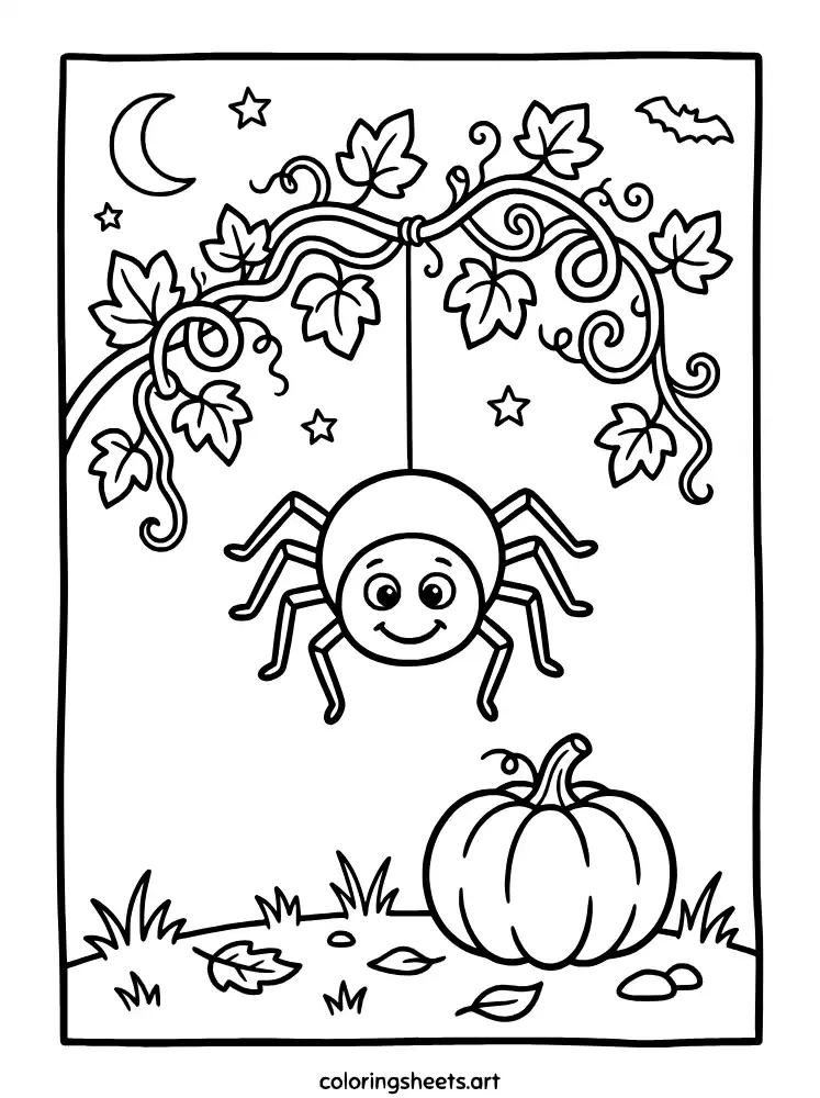 Spider hanging from a pumpkin vine halloween spider coloring page for kids free printable pdf