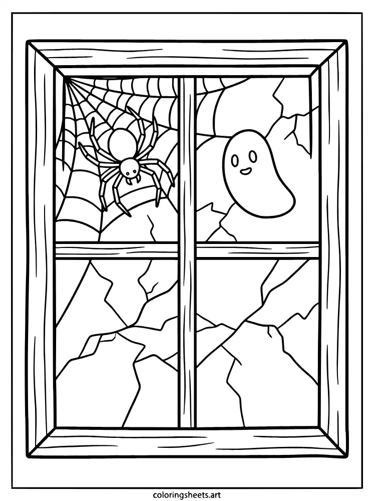 Spider in a haunted window halloween spider coloring page for kids free printable pdf