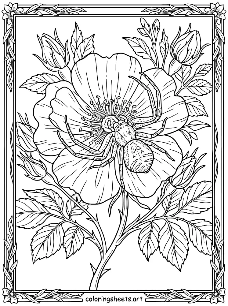 Spider hiding in a flower realistic spider coloring page for adults free printable pdf