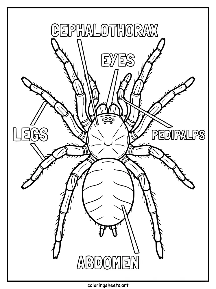 Labeled spider body parts educational spider coloring page for older kids free printable pdf